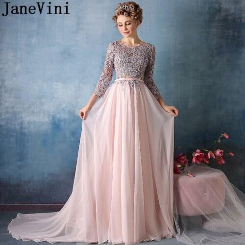 JaneVini Vintage Pink Long Bridesmaid Dresses With 3/4 Sleeves Chiffon Beaded Sequins Lace Women Prom Party Gown Vestido Longos