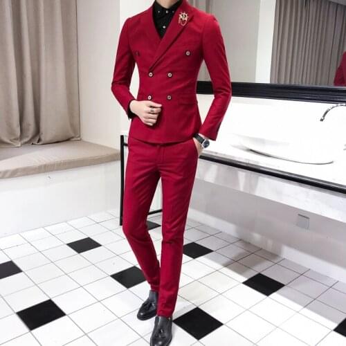 2020 Red Suit Mens Wedding Suits Custom Made Slim Fit Business Suit Men Prom Party Groom Tuxedos 2 Piece Set (Jacket+Pants)