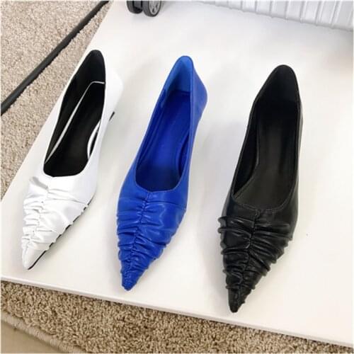 2021 Spring New Elegant Women Pumps Shoes Fashion Pleated Slip On Thin Low Heel Ladys Office Shoes Pointed Toe Shallow Pumps