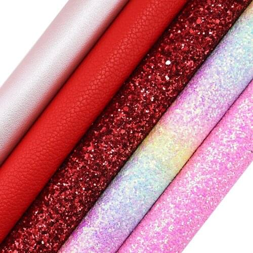 5PCS/Set A4 Sheet Red PInk Plain Dyed Chunky Glitter Fabric Lychee Faux Synthetic Leather For Bows Earrings Decoration CN322