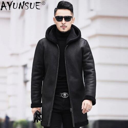 AYUNSUE Real Fur Coat Men Clothing 100% Wool Coat Hooded Parka Winter Leather Coat Mens Jackets Hommes Veste 2021 LXR948