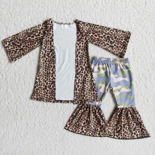 Spring/Fall Girls Long Sleeve Leopard Cardigan Bell Bottom Camo Pants Kids Two Pieces Outfits