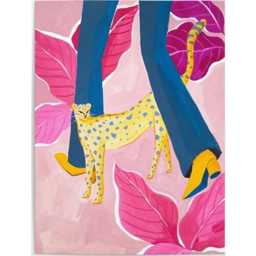 HD Prints Leopard Canvas Paintings Wall Artwork Pink Plant Poster Modular Girl Jeans Pictures Modern Home Decor For Living Room