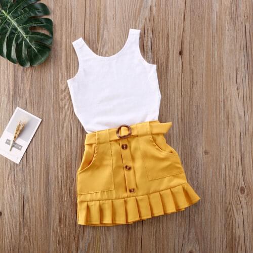 2pcs Toddler Kids Baby Girls Clothes Set Sleeveless Solid Vest Romper Yellow Pleated Skirt Fashion Summer Outfit Set