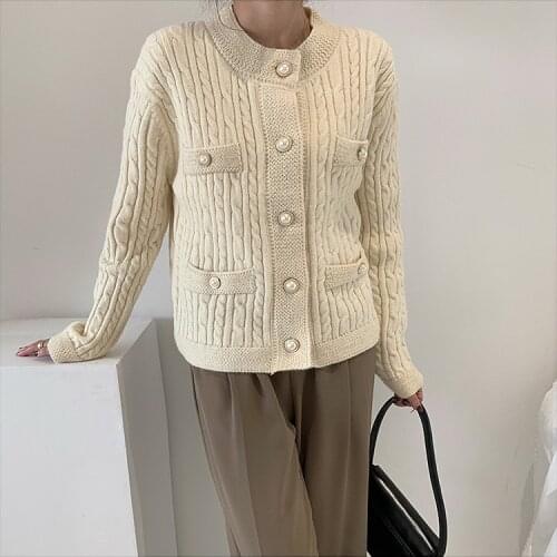 Korea Autumn/Winter Crystal Pearl Button Sprial Stitch Knit Cardigan Metallic Lurex Rib Texture Cream/Dusty Blue/Black Sweater