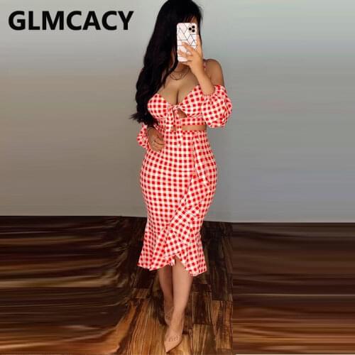 Two Piece Plaid Dress Suits Spaghetti Strap Crop Top & High Waist Bodycon Midi Skirt Set