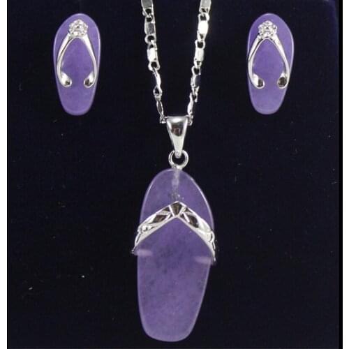Fashion cute playful slipper purple Jade Pendant + Earring Set