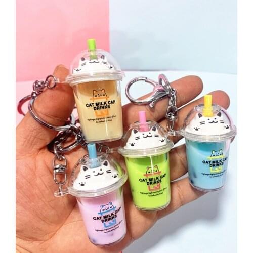 Fashion Key Ring Cute Mini Cartoon Cat Milk Tea Bottle Keychain Car Coffee Key Chain Pendant Bag Key Ring For Kids Women Gifts