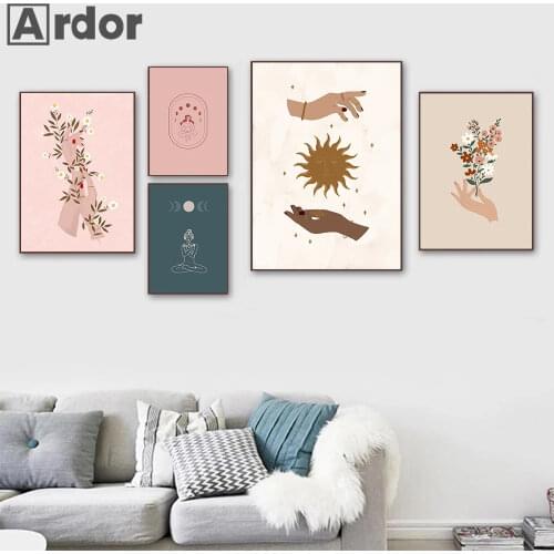 Abstract Hand Flower Wall Art Poster Sun Moon Art Print Yoga Line Drawing Canvas Painting Nordic Pictures Living Room Home Decor