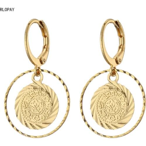 New Copper Plating Gold Earrings Female Arab Dubai Bridal Round Coin Frnch Hook Earrings Turkish Totem Boho Earrings
