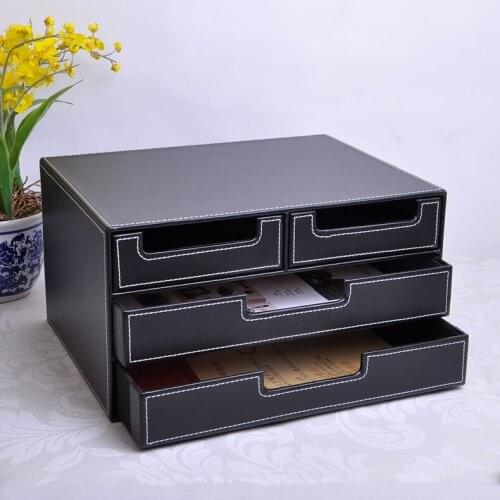 3-layer 4-drawer wood structure leather desk filing cabinet storage box office organizer document container black 216A