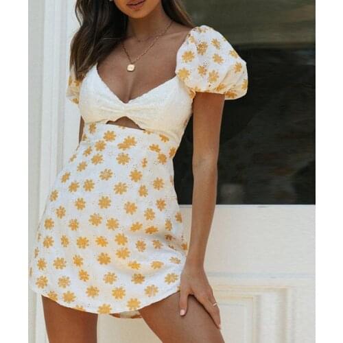 Hirigin Floral Print Dresses Women Summer Cut-Out Sexy Deep V Neck Party Ladies Beach Mini Dress Chic Vestidos Female 2021