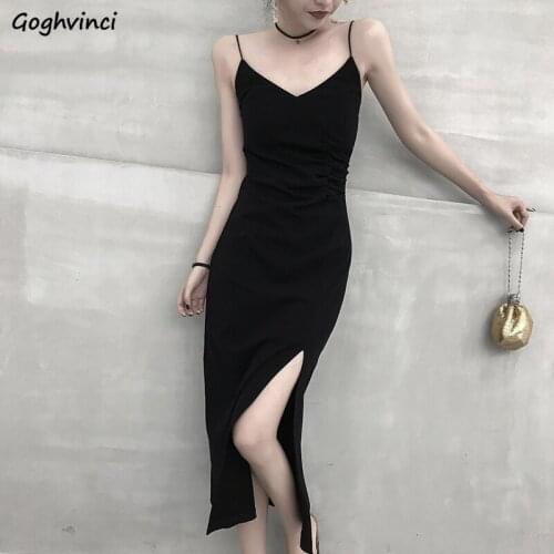 Women Sleeveless Dresses Sexy V-neck Slide-slit Solid Spaghetti Strap Slim Plus Size 3XL Thickening Midi Dress Trendy Female