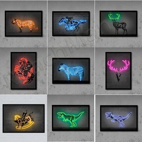 Modern neon animal canvas poster shark zebra tiger bull deer skull print painting Nordic children bedroom bar wall art picture d
