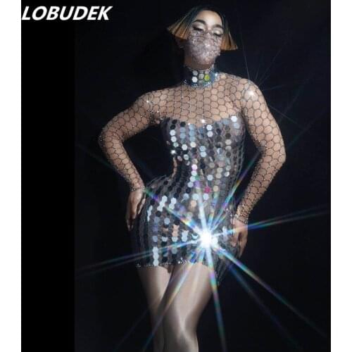 Reflective Mirrors Silver Rhinestones Mesh Mini Short Dress Nightclub Singer Sequins Dress Women Birthday Celebrate Prom Outfit