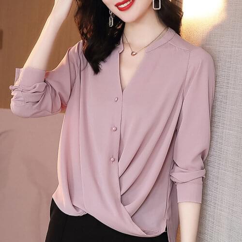XEJ Sexy Chiffon Blouse for Women Spring 2021 Womens Clothing Pink Top Tops with Long Sleeves Oversized Shirt Blouse with Lace