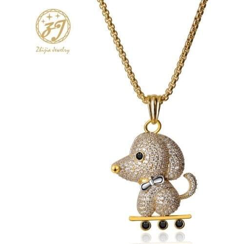Zhijia jewelry new golden cute cartoon dog pendant luxury shiny rhinestone crystal women men necklace
