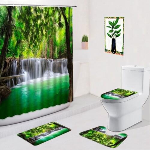 Waterfall Scenery Shower Curtain Mysterious Forest Bathroom Decor Non-Slip Flannel Carpet Bath Mat Door Pad Toilet Cover Set