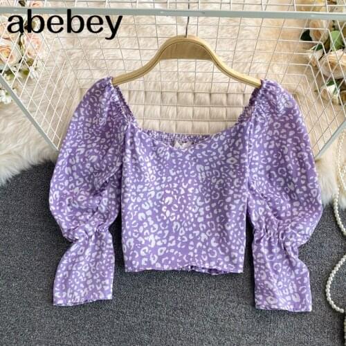 2021 New Summer Korean Temperament square collar puff sleeve Shirt high waist pleated floral print short Shirt Top