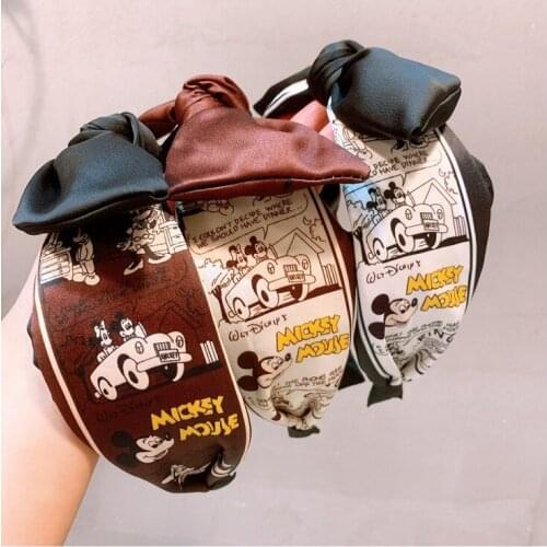 Mickey Mouse Printed Headband Korean Original Retro Silk Cartoon Letter Printing Versatile Bow Hoop Hairpin For woman