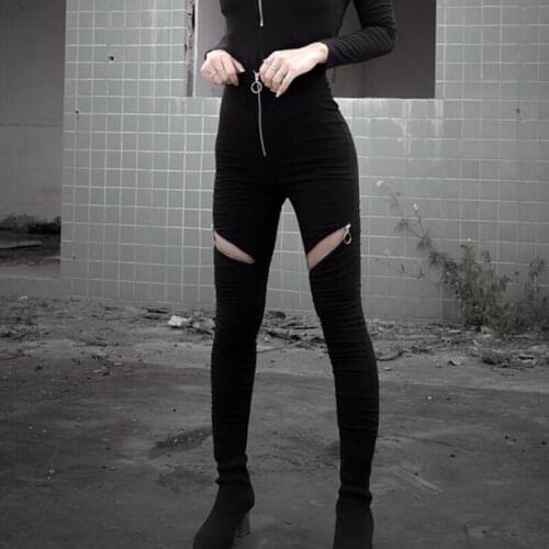 Black Pencil High Waist Pants Gothic Zipper Hole Bodycon Women Ankle Length Trousers Casual Streetwear 2021 Summer Vintage Pants