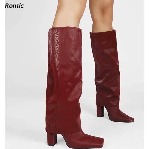 Rontic New Fashion Women Winter Knee Boots Chunky Heels Square Toe Gorgeous Burgundy Green Black Dress Shoes US Size 5-15
