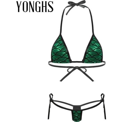 Womens Bikini Lingerie Set Shiny Metallic Mermaid Fish Scale Suit Halter Neck Self-tie Bra Top with G-String Briefs Underwear