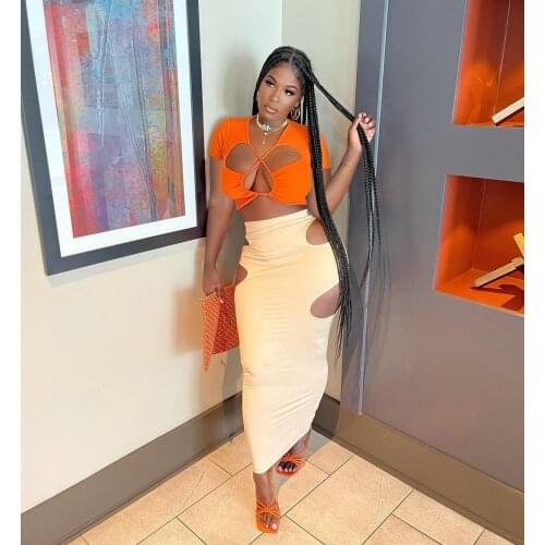 Echoine Cross Hollow Out Crop Top Tshirt High Waist Hole Skirt Set Two Piece Set Party Clubwear Summer Fit Outfits for Women