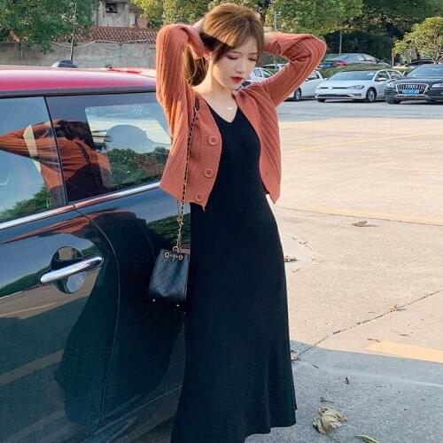 Women Two Piece Suit Fashion V-Neck Knitted Cardigan Sweaters Midi Dress Spring Autumn Outfits Femme Casual Two Piece Set