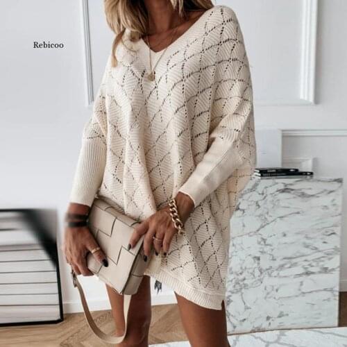Autumn Knitted Hollow Out Long Sweaters Women Solid Batwing Sleeve Loose Sweater Female 2020 Winter Fashion Casual Lady Pullover