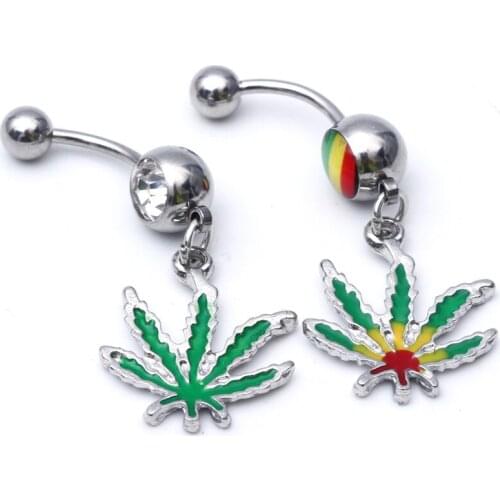 1pcs High Quality Plant Leaf Dangle Belly Button Ring Clear CZ Gem Green Weed Navel Nombril Rings Body jewelry Body Piercing