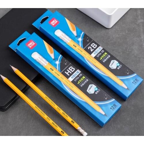 12pcs / box Deli s956-hb / 2B, yellow advanced log graphite rubber pencil with pencil sharpener, student office stationery
