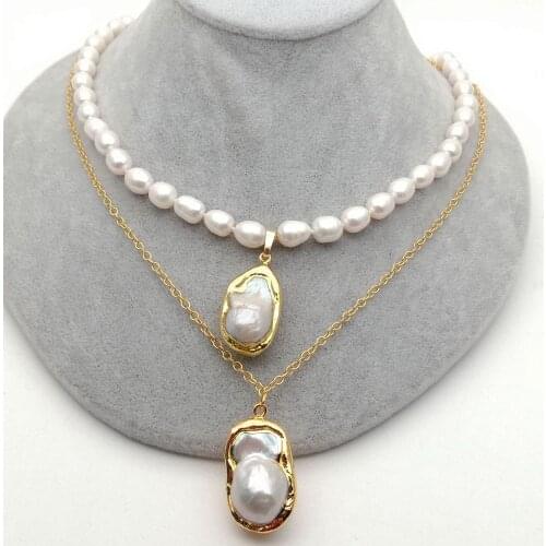19'' White Cultured Rice Pearl Chain Necklace White Keshi Pearl Pendant
