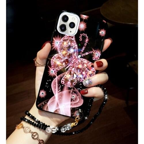 Beautiful Bling Rhinestone Diamond Butterfly Case Cover With Crystal Chain For Iphone 12 Mini 11 Pro XS Max XR X 8 7 6S Plus SE