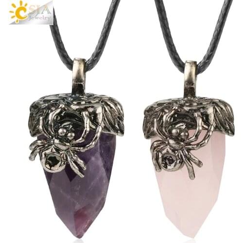 CSJA Cone Faceted Antique Silver Color Pendant Natural Stone Pink Crystal Lapis Spider Women Men Necklaces Vintage Jewelry G160