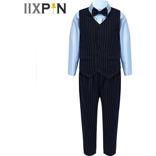 4Pcs Childrens Suits Kids Holiday Gentleman Prince Costumes Long Sleeve Bowtie Baby Boys Shirt Stripes Pants Vest Waistcoat