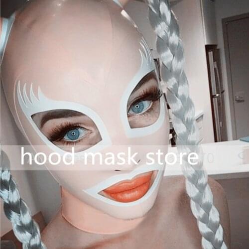 Latex Mask Hoods Rubber Cat Women Party Hood with Tube Pigtails Back Zip bandage Costumes Accessories for Party halloween