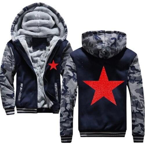 Russian Red Star Winter Mens Hoodies Fleece Warm Hood Thick Windproof Coats Sweatshirts Hoodies Zipper Men Hoodie Jacket
