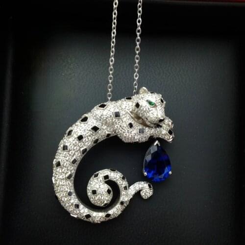 Men Women Solid 925 Sterling Silver Leopard Brooch with Waterdrop Blue Sapphire Zircon Long Necklace Panther Animal Jewelry