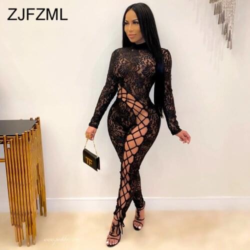 Lace Up Hollow Out Slim Rompers Womens Jumpsuit Black Mesh Patchwork Long Sleeve Skinny Catsuit Fashion See Through Club Outfits