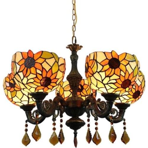 5 Heads Luxurious Tiffany Suspension for Foyer Dining Room Restaurant Bar European Stained Glass Sunflower Pendant Light 1197