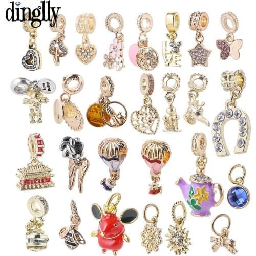 Dinglly Golden Palace Flowers Dangle Charm Pendant Fit Bracelet & Necklace For Women Bracelets Accessory Bee Wings Flowers Charm