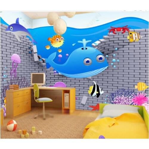 Custom photo wallpaper for walls 3 d murals Cartoon underwater world wall brick dolphin childrens room background wall papers