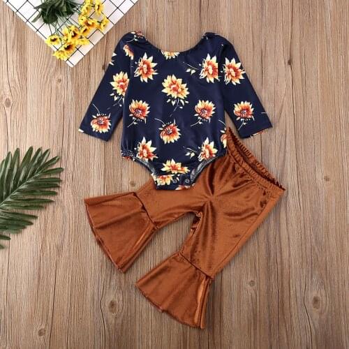 Pudcoco Newborn Baby Girl Clothes Flower Print Long Sleeve Romper Tops Solid Color Bell-Bottoms Pants 2Pcs Outfits Clothes