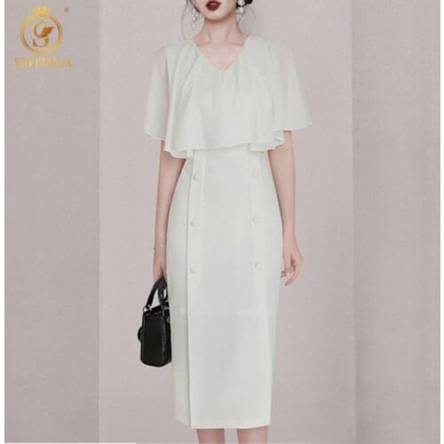 SMTHMA 2021 New Fashion Sexy V-Neck White Temperament Summer Dresses Slim Waist Mid-Length Double-Breasted Office Dress Vestidos