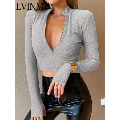 LVINMW Sexy Round Neck Long Sleeve Front Zip Up Grey Crop Top Woman tshirts Hole Solid Casual Sports Soft Basic Tops Streetwear