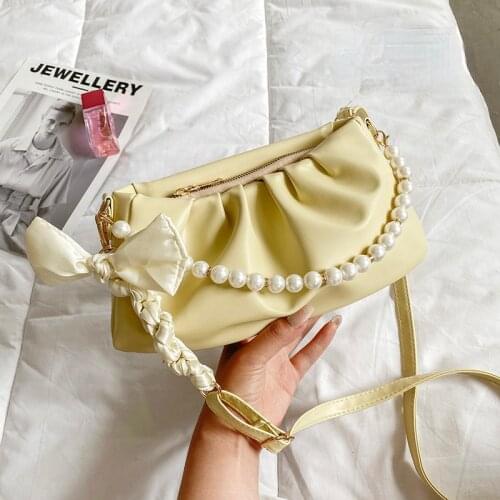 PU Leather Women Clutch Shoulder Bags Pearl Chain Strap Solid Color Ladies Underarm Bags Female Elegant Tote Purse Handbags