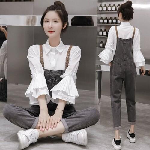 Women Autumn Denim Jumpsuits Loose Shirts and Overalls Pants Set Womens Elegant Long Trouser Female Casual 2 Piece Suits Q657