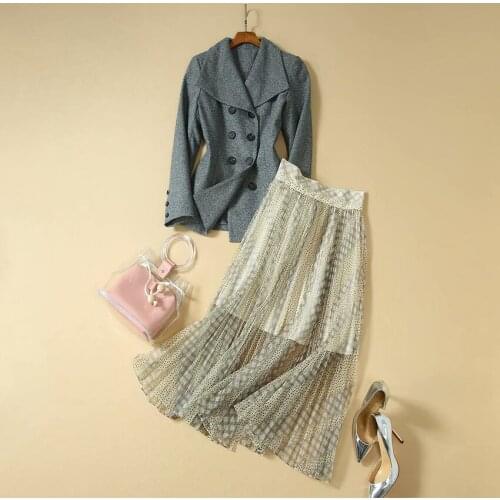 QUALITY Newest HIGH Fashion 2021 Designer Suit Set Womens Turn-Down Collar Doubld Breasted Jacket And Dot Pleated Skirt Sets