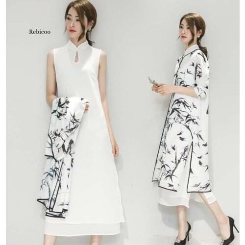 Chinese Oriental Cheongsam Dress Women Ink Bamboo Print Traditional Chinese Wedding Dress Retro Elegance Evening Party Dresses